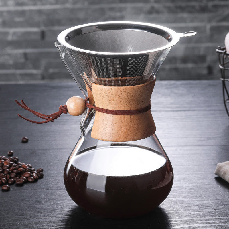 Close-up view highlighting the unique features of the Chemex pour-over coffee maker.