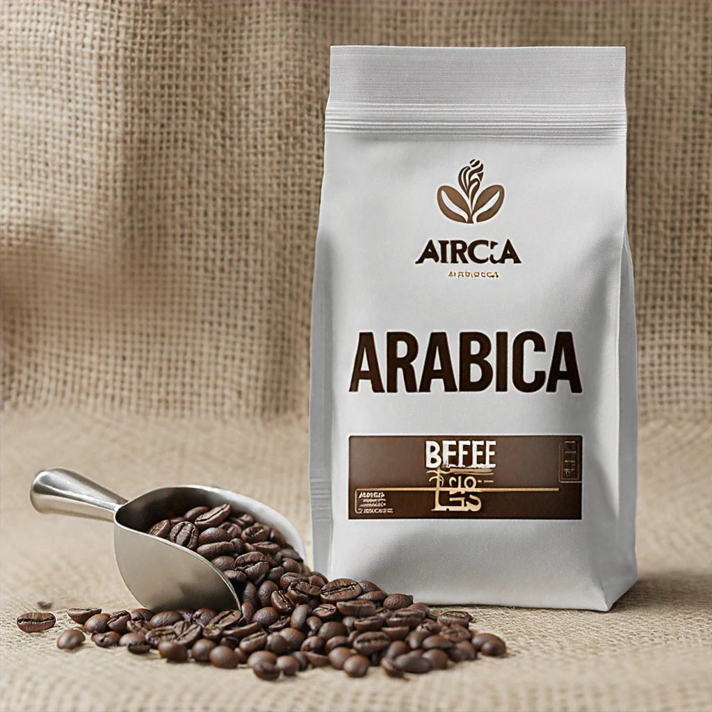 A close-up view of Arabica coffee beans, showcasing their rich brown color and glossy surface, with a background hinting at environmental themes related to climate change.