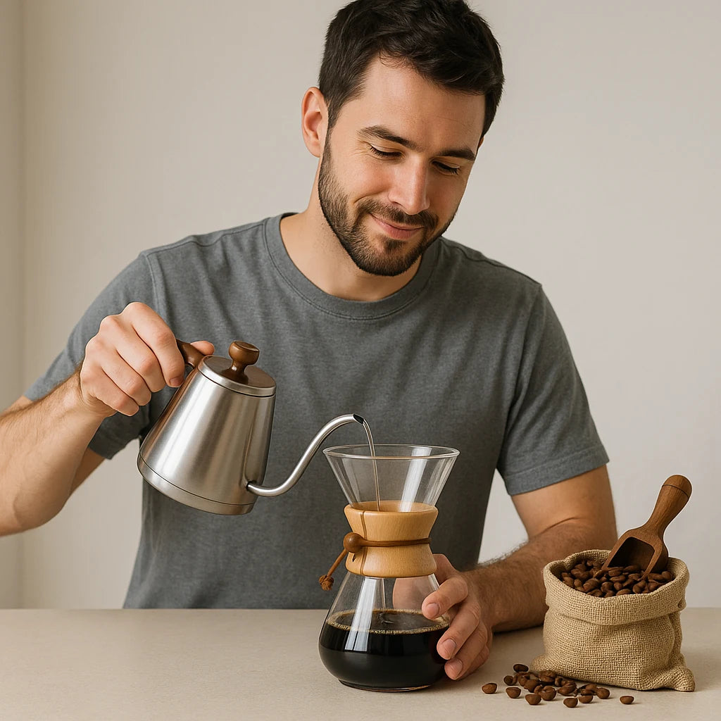Man pouring coffee from a kettle into a coffee filter with coffee beans on a table.