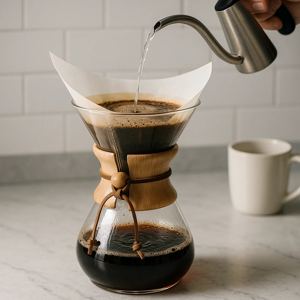 Chemex Classic Series Pour-Over Glass Coffeemaker displayed with coffee grounds and a cup, illustrating its use in brewing coffee.