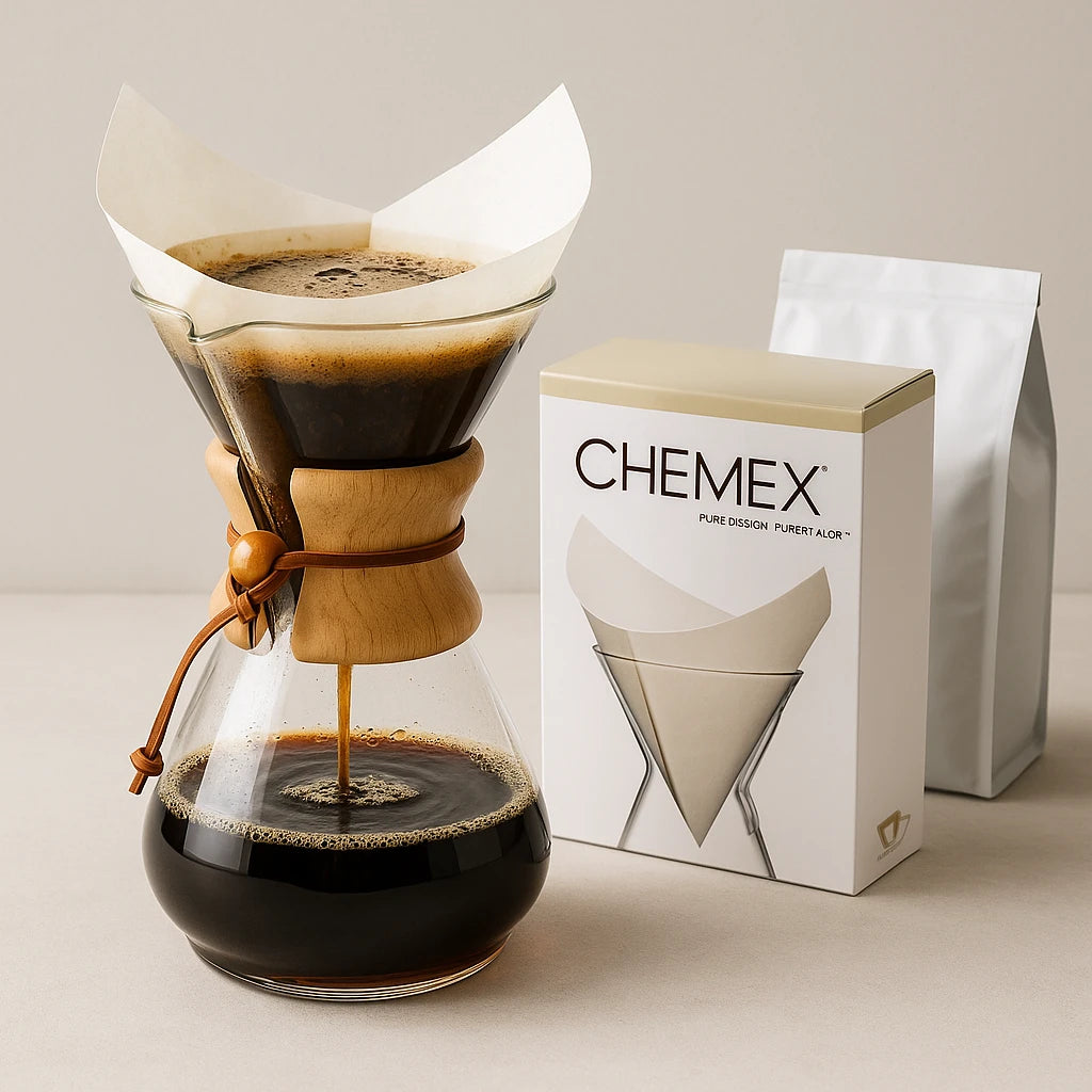 Chemex Classic Series Pour-Over Glass Coffeemaker with a wooden collar and leather tie, showcasing its elegant hourglass shape.