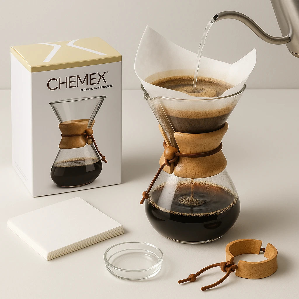 Chemex Classic Series Pour-Over Glass Coffeemaker displayed with coffee grounds and a cup, illustrating its use in brewing coffee.