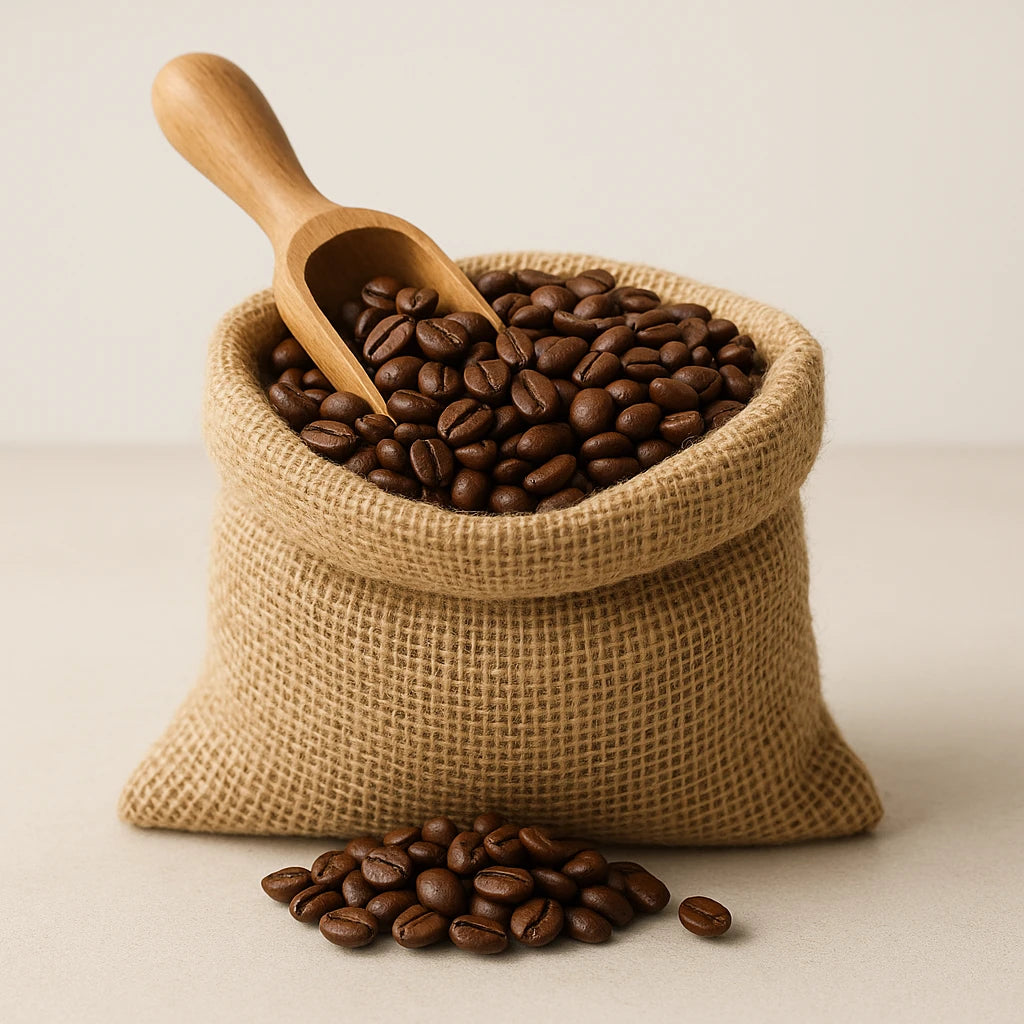 A close-up view of Arabica coffee beans, showcasing their rich brown color and glossy surface, with a background hinting at environmental themes related to climate change.