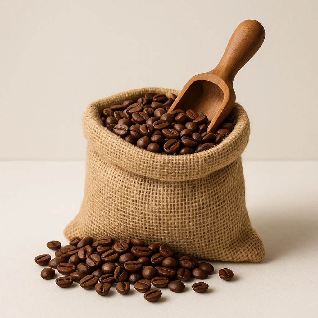 A close-up view of Arabica coffee beans, showcasing their rich brown color and glossy surface, with a background hinting at environmental themes related to climate change.