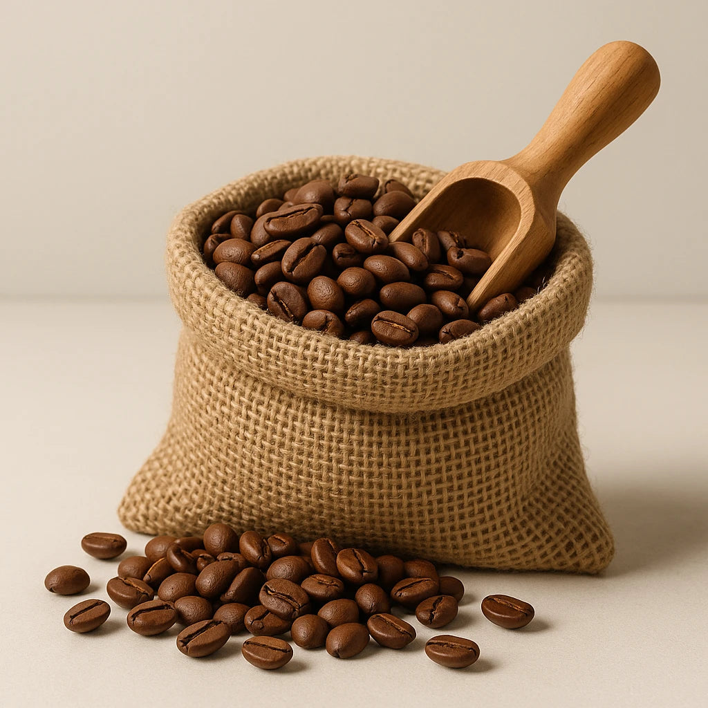 A close-up view of Arabica coffee beans, showcasing their rich brown color and glossy surface, with a background hinting at environmental themes related to climate change.