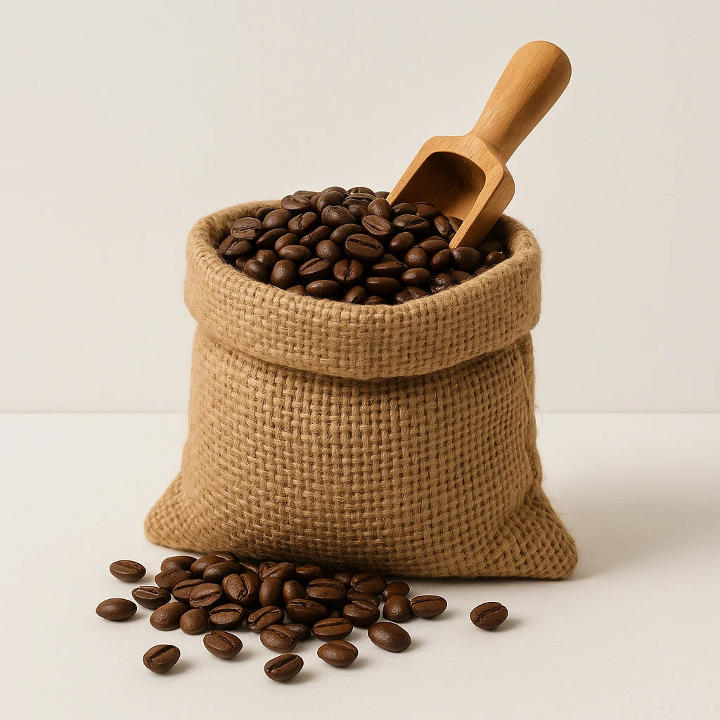 A close-up view of Arabica coffee beans, showcasing their rich brown color and glossy surface, with a background hinting at environmental themes related to climate change.
