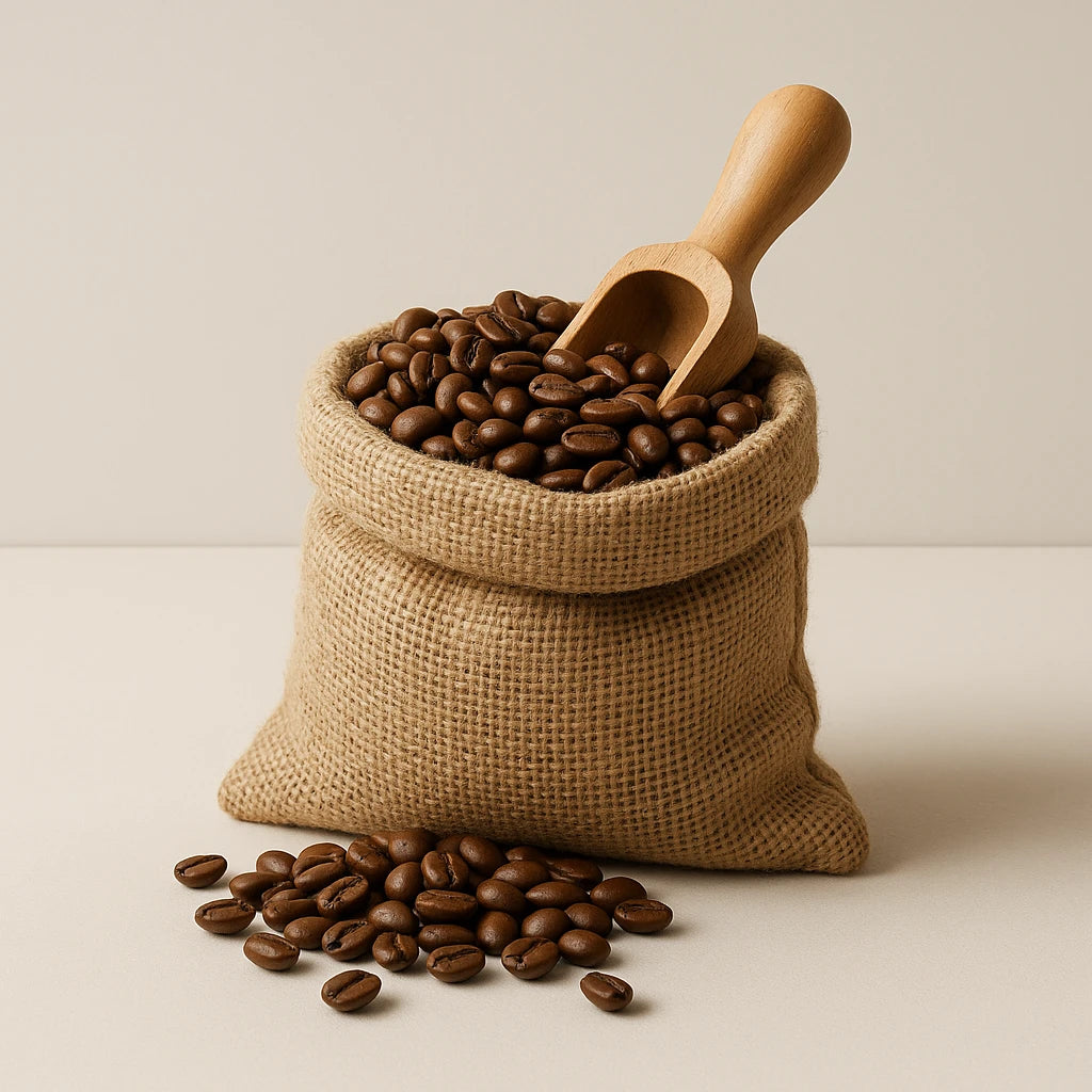 A close-up view of Arabica coffee beans, showcasing their rich brown color and glossy surface, with a background hinting at environmental themes related to climate change.