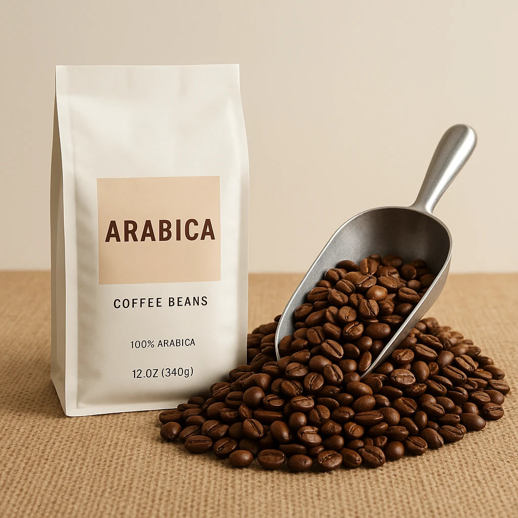 A close-up view of Arabica coffee beans, showcasing their rich brown color and glossy surface, with a background hinting at environmental themes related to climate change.