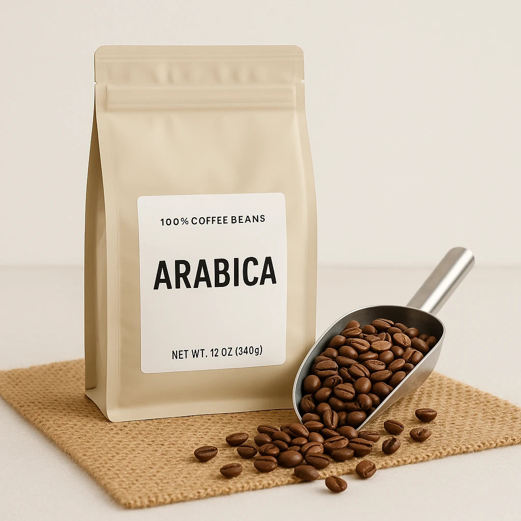 A close-up view of Arabica coffee beans, showcasing their rich brown color and glossy surface, with a background hinting at environmental themes related to climate change.