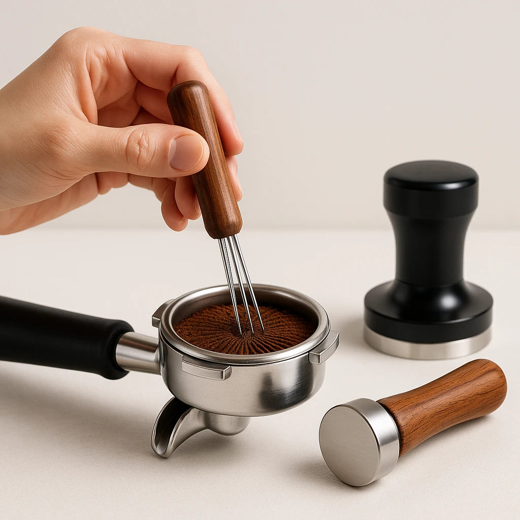 Coffee Cloth Powder Needle Coffee Stirring Clocks Brezer Stainless Steel Cloth Powder Maker Solid Wood Belt Storage Powder Needle Italian Style