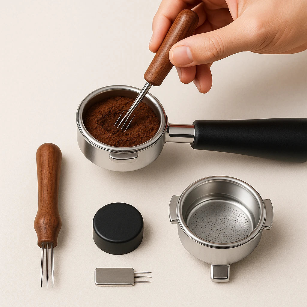 Coffee Cloth Powder Needle Coffee Stirring Clocks Brezer Stainless Steel Cloth Powder Maker Solid Wood Belt Storage Powder Needle Italian Style