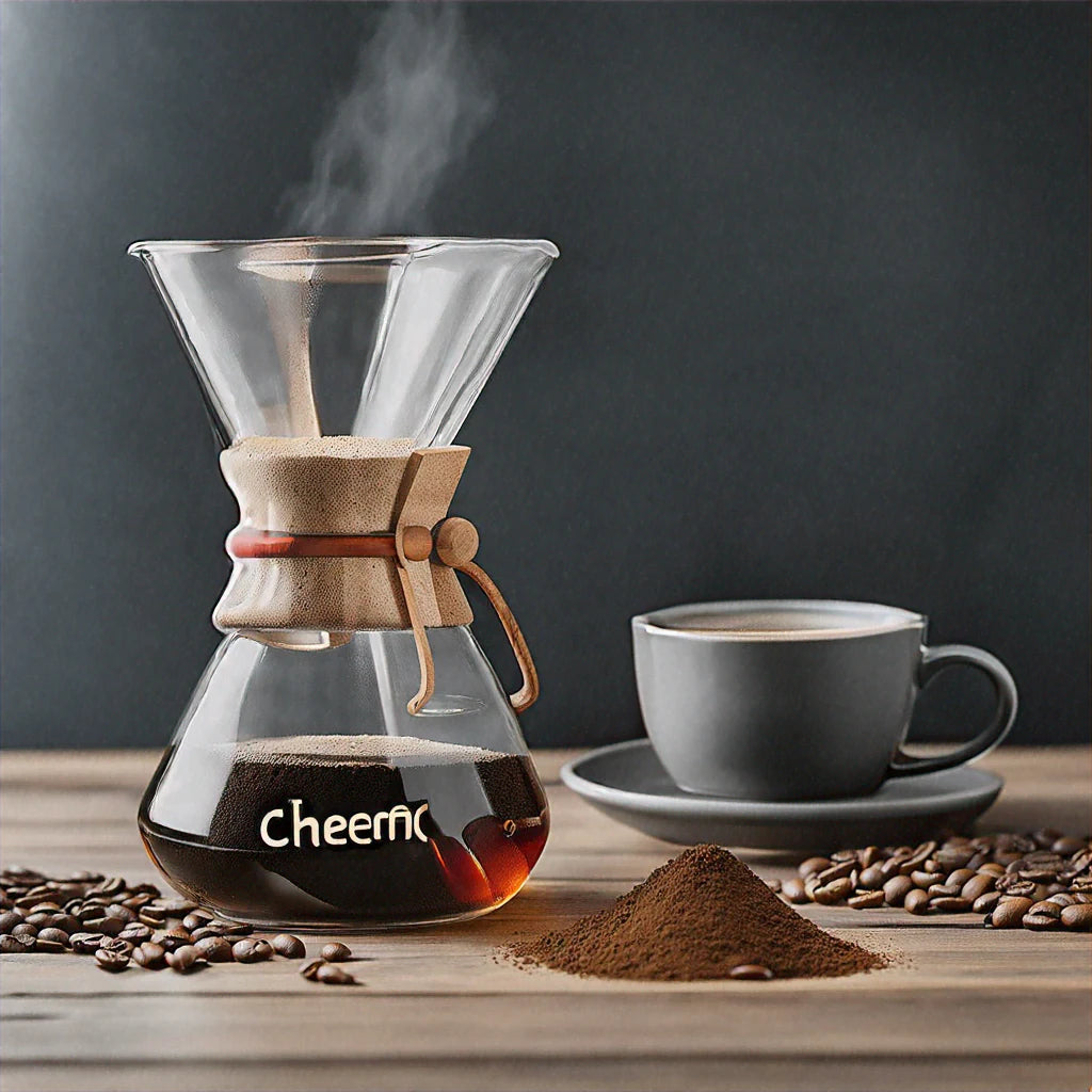 Chemex Classic Series Pour-Over Glass Coffeemaker on a wooden table, surrounded by coffee beans and a cup, creating a cozy coffee brewing scene.