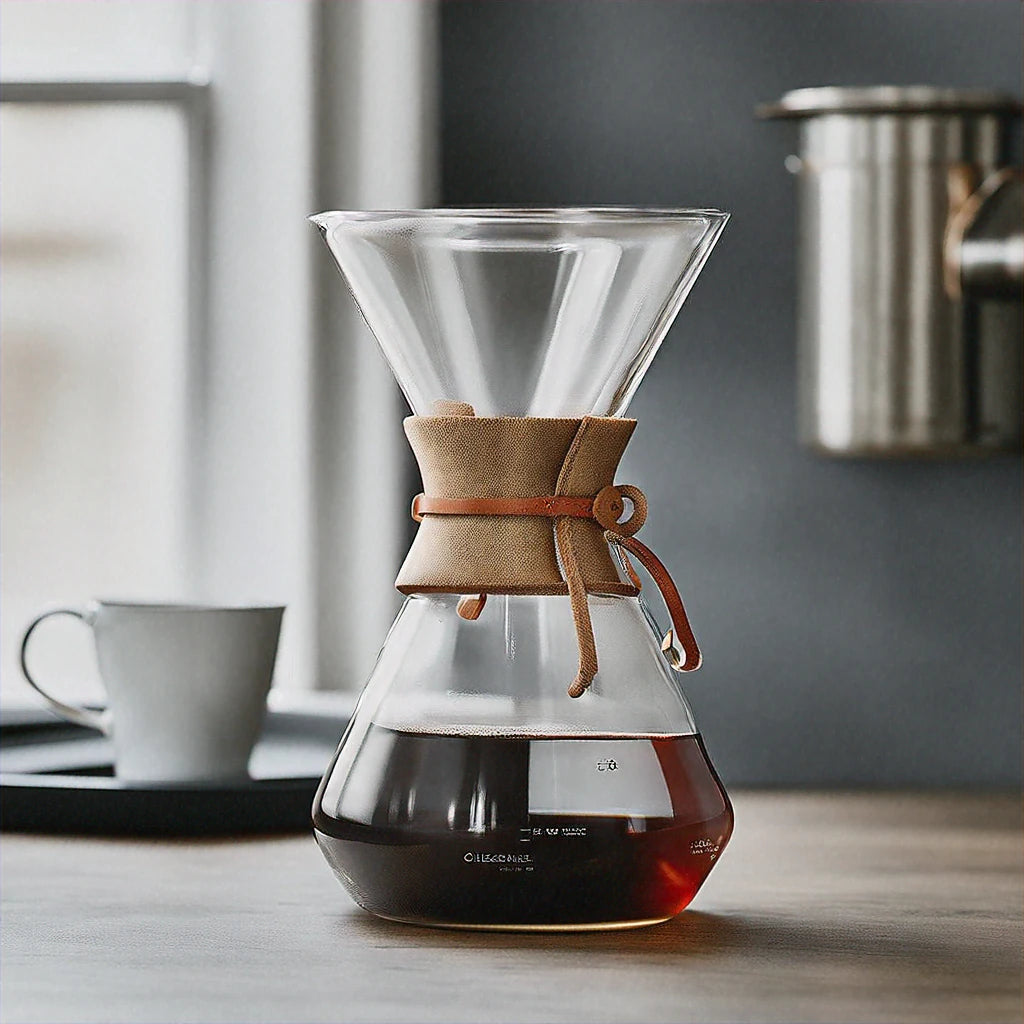 Chemex Classic Series Pour-Over Glass Coffeemaker with a wooden collar and leather tie, showcasing its elegant hourglass shape.