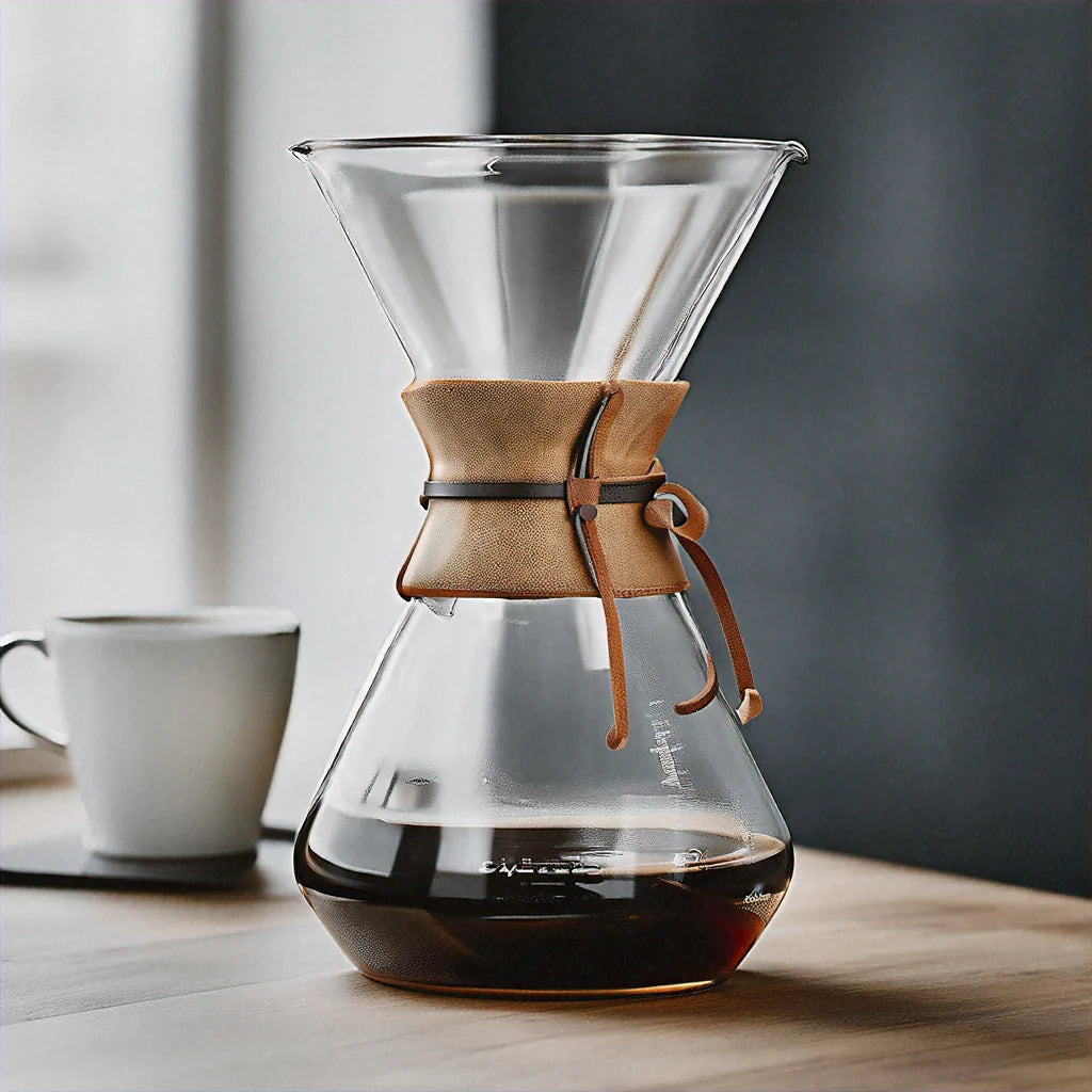 Chemex Classic Series Pour-Over Glass Coffeemaker on a wooden table, surrounded by coffee beans and a cup, creating a cozy coffee brewing scene.