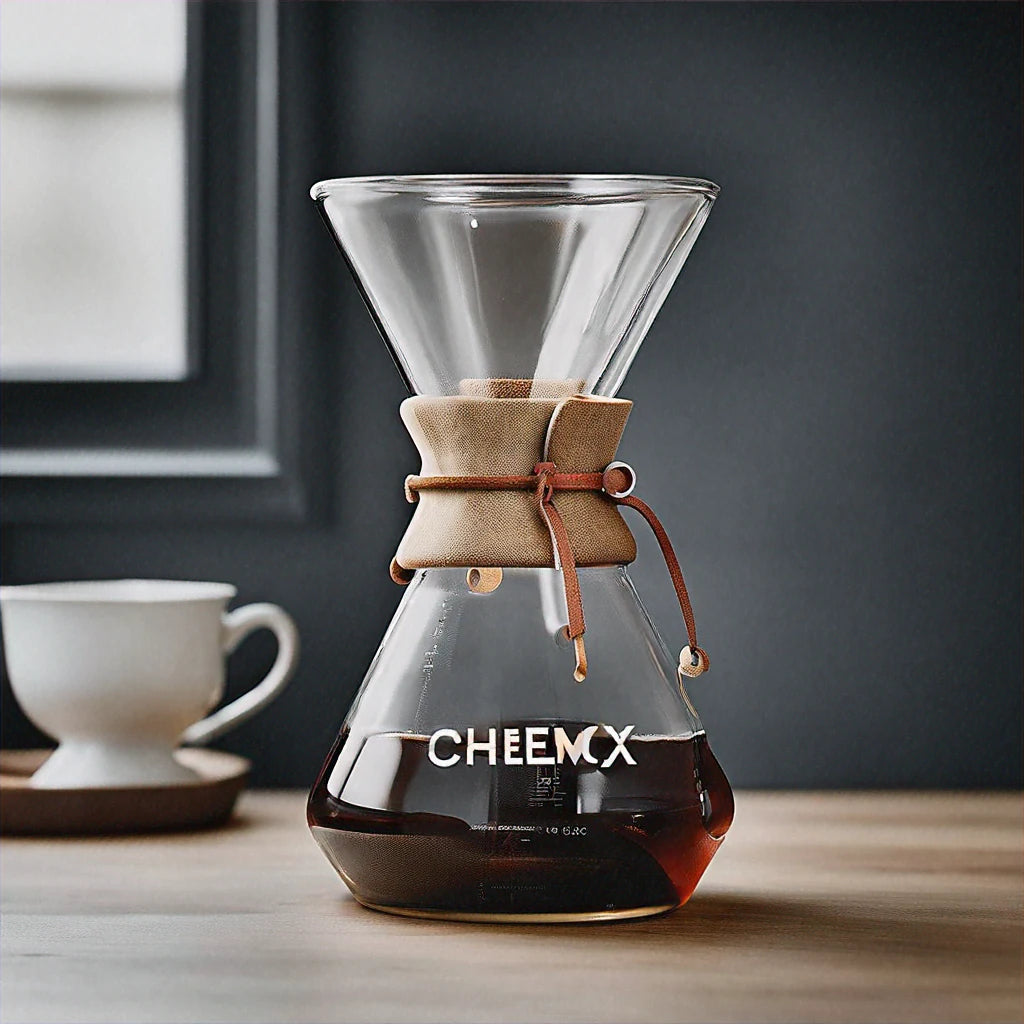 Chemex Classic Series Pour-Over Glass Coffeemaker with a wooden collar and leather tie, showcasing its elegant hourglass shape.