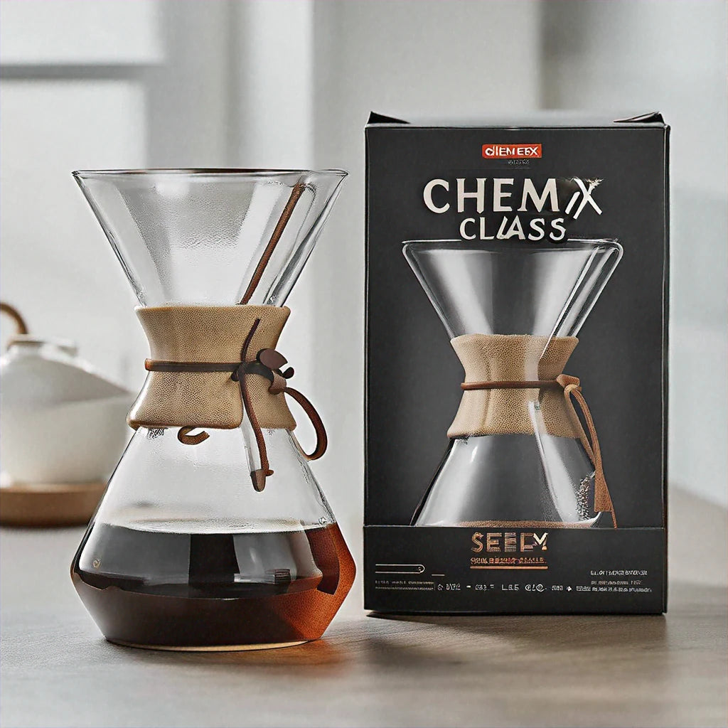 Chemex Classic Series Pour-Over Glass Coffeemaker with a wooden collar and leather tie, showcasing its elegant hourglass shape.
