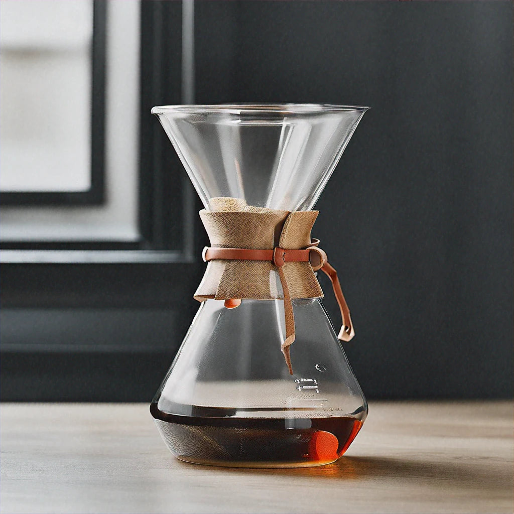 Chemex Classic Series Pour-Over Glass Coffeemaker with a wooden collar and leather tie, showcasing its elegant hourglass shape.
