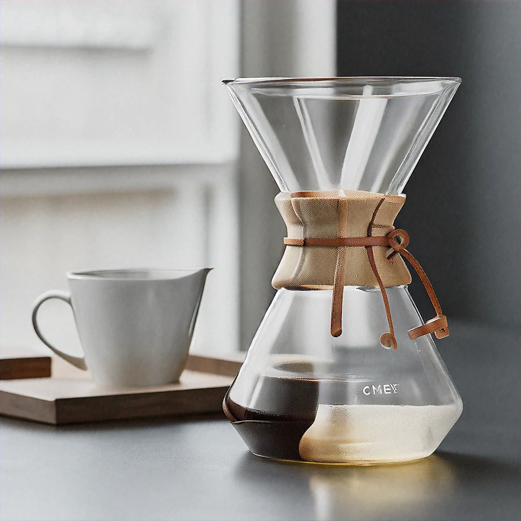 Chemex Classic Series Pour-Over Glass Coffeemaker with a wooden collar and leather tie, showcasing its elegant hourglass shape.