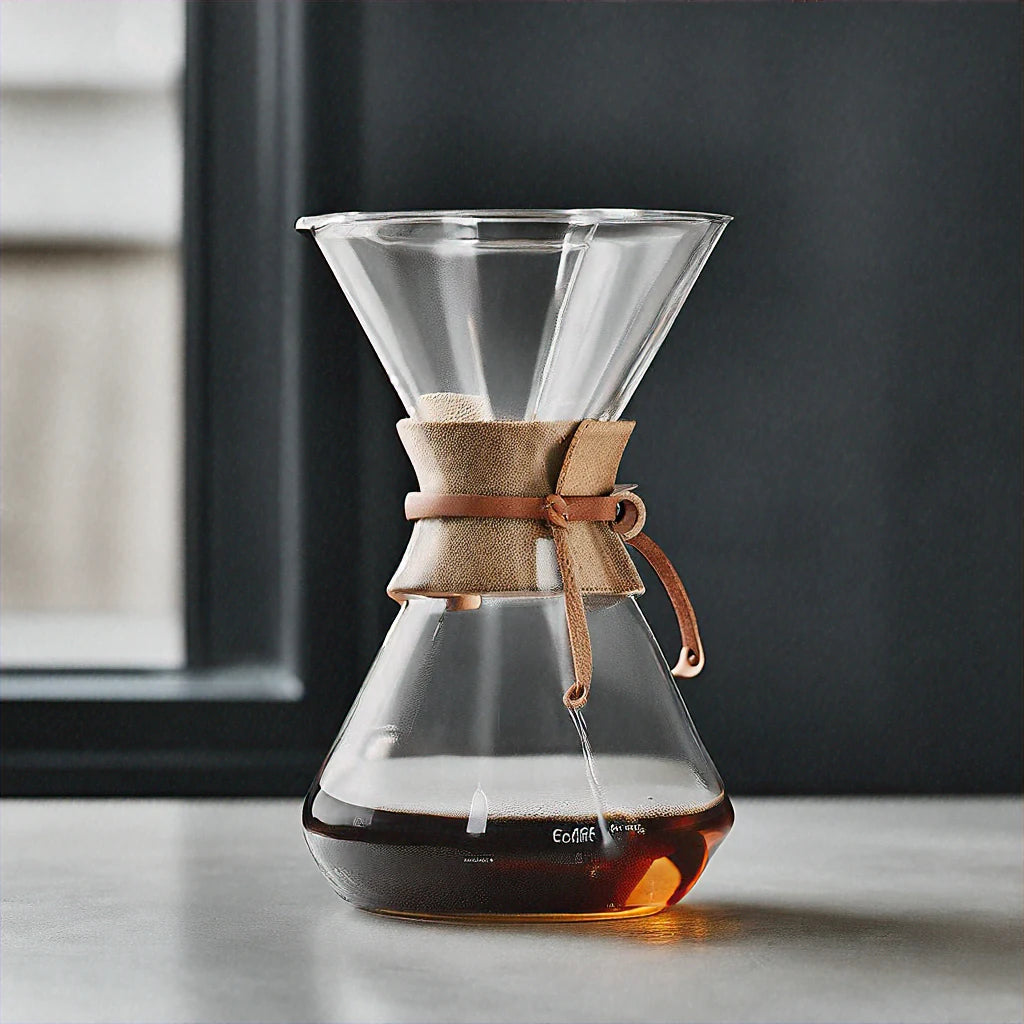 Chemex Classic Series Pour-Over Glass Coffeemaker on a wooden table, surrounded by coffee beans and a cup, creating a cozy coffee brewing scene.