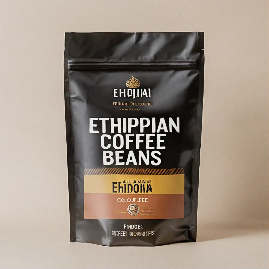500g bag of Ethiopian coffee beans, showcasing a rich brown color and a textured surface, labeled with 'Ethiopian Coffee Beans' and details about its origin and roasting.