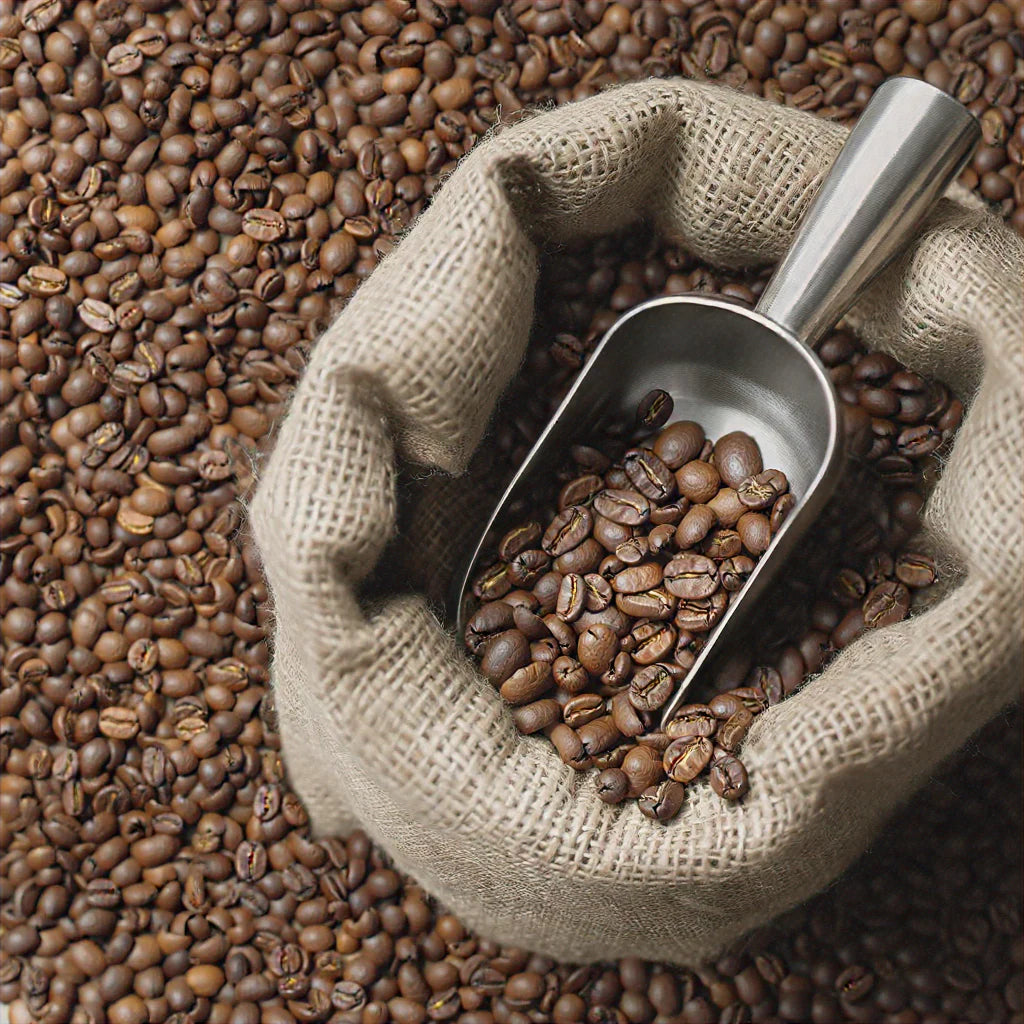 500g bag of Ethiopian coffee beans, showcasing a rich brown color and a textured surface, labeled with 'Ethiopian Coffee Beans' and details about its origin and roasting.