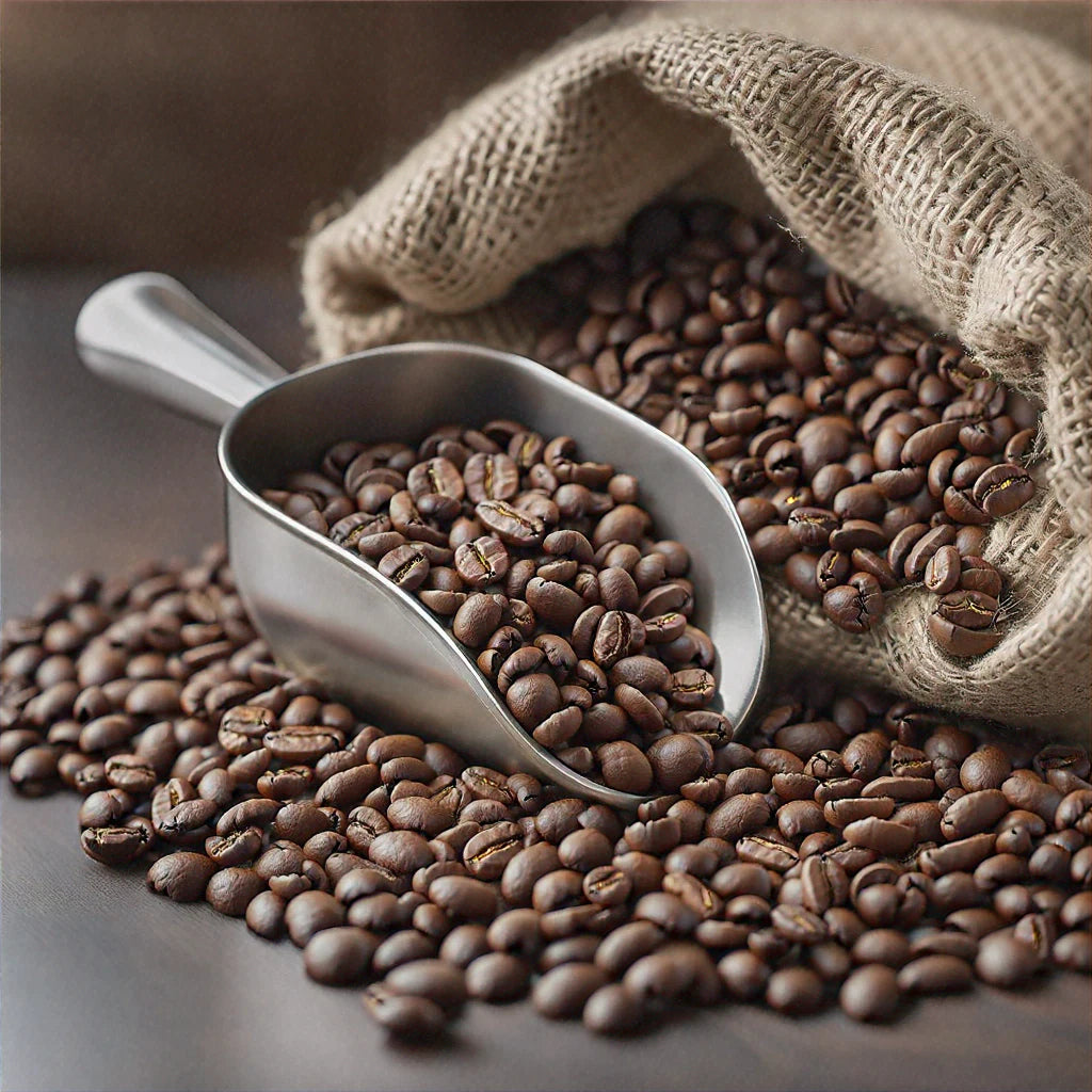 500g bag of Ethiopian coffee beans, showcasing a rich brown color and a textured surface, labeled with 'Ethiopian Coffee Beans' and details about its origin and roasting.