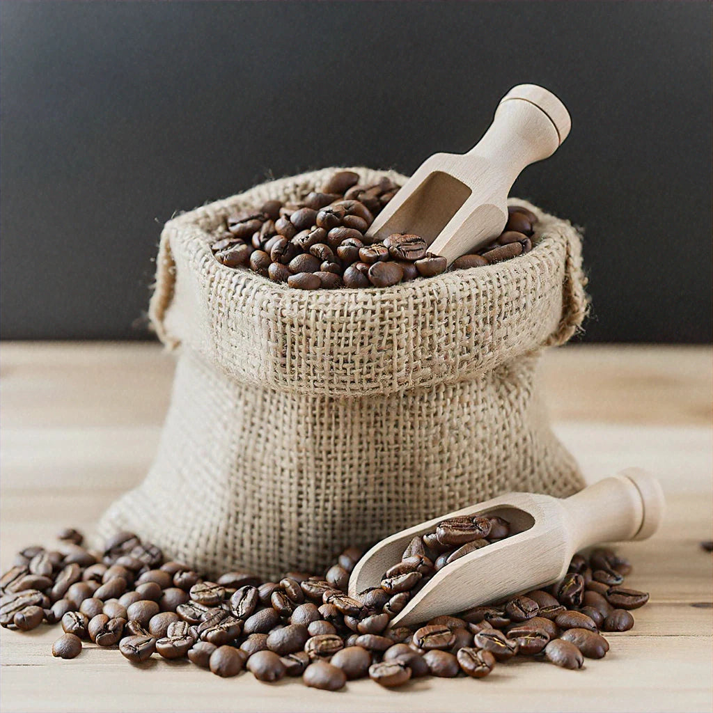 A close-up view of Arabica coffee beans, showcasing their rich brown color and glossy surface, with a background hinting at environmental themes related to climate change.
