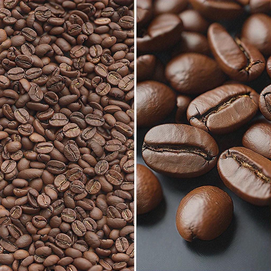 A close-up view of Arabica coffee beans, showcasing their rich brown color and glossy surface, with a background hinting at environmental themes related to climate change.